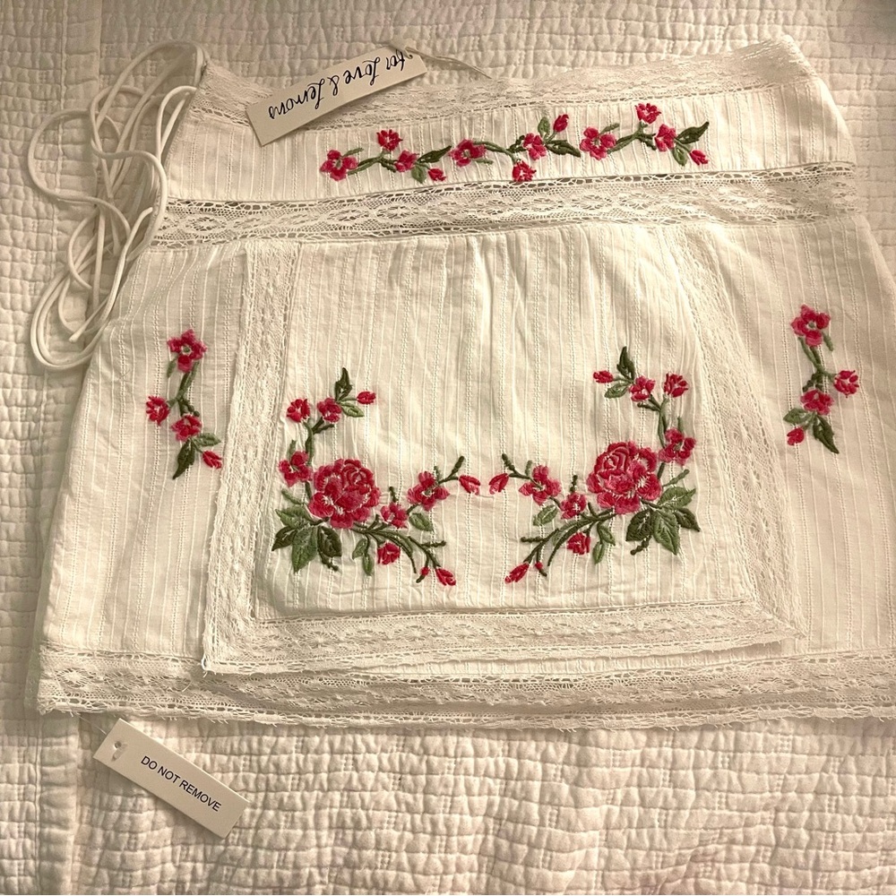 For Love And Lemons White Skirt with Pink Floral Embroidery
